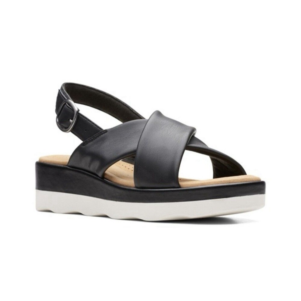 Clarks Clara Cove Black Buckle Strap Open Toe Wedge Sandal Womens Size 7.5M New